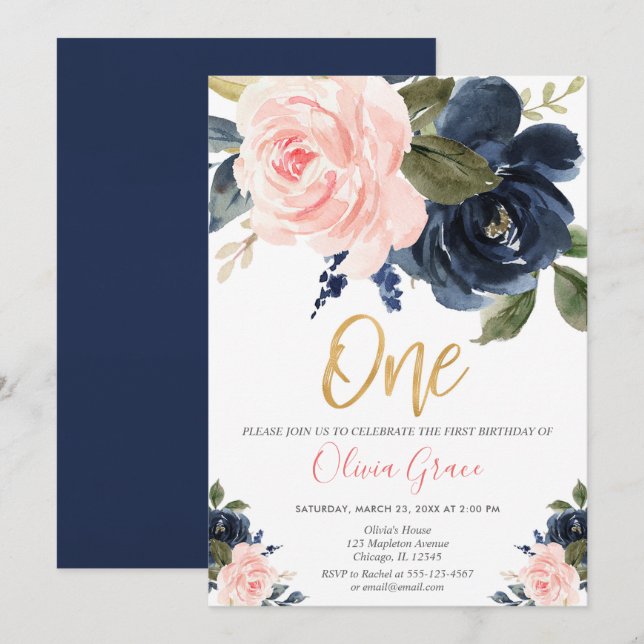 Invitation Rougissent anniversaire de fille florale de rose (Devant / Derrière)