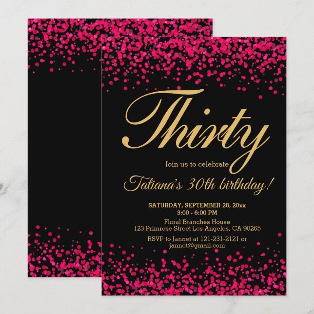 Invitation Rougissent anniversaire de parties scintillantes (Devant / Derrière)