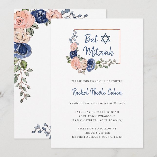 Invitation Rougissent et le bat mitzvah géométrique floral du (Devant / Derrière)