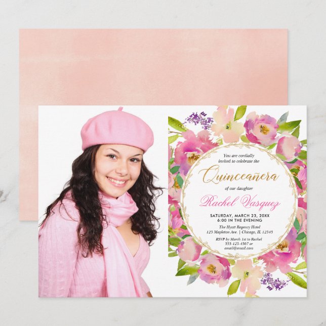 Invitation Rougissent la photo florale de Quinceanera d'or de (Devant / Derrière)