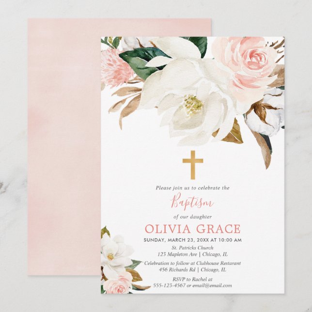 Invitation Rougissent le baptême rustique floral blanc rose (Devant / Derrière)