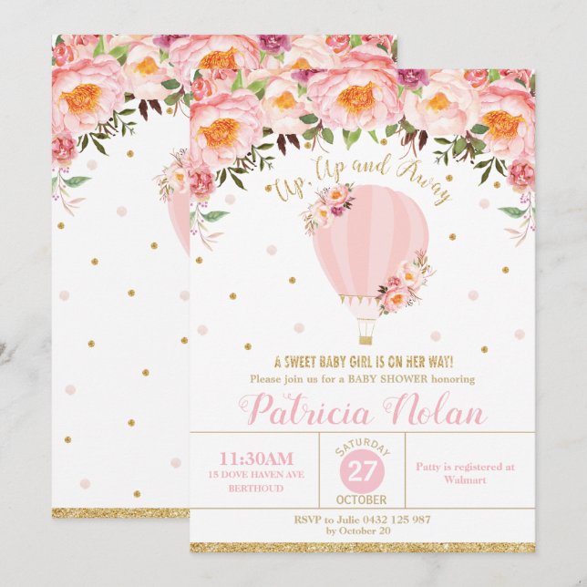 Invitation Rougissent le bébé chaud floral de baby shower de (Devant / Derrière)