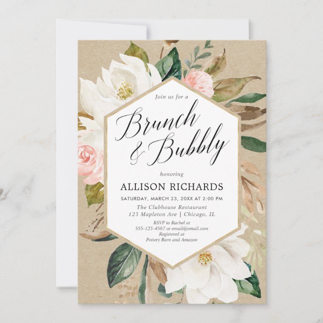 Invitation Rougissent le brunch rustique floral blanc rose (Devant)