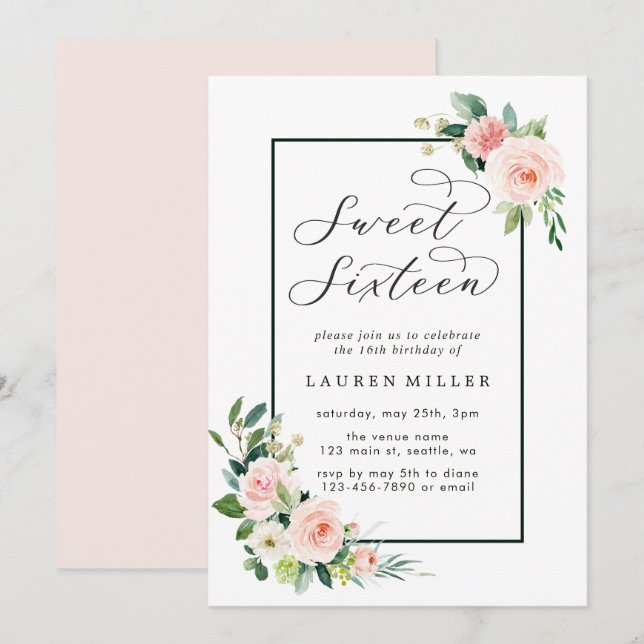 Invitation Rougissent le sweet sixteen rose de fleur (Devant / Derrière)