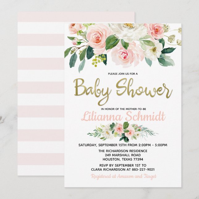 Invitation Rougissent l'invitation rose de baby shower de (Devant / Derrière)