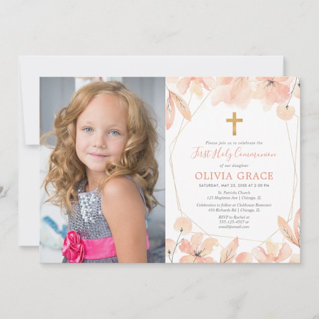 Invitation Rougissent photo élégante de sainte communion d'or (Devant)