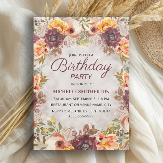 Invitation Rouille Bourgogne Orange Floral Femmes Anniversair (Burgundy and burnt orange watercolor floral birthday party invitation)