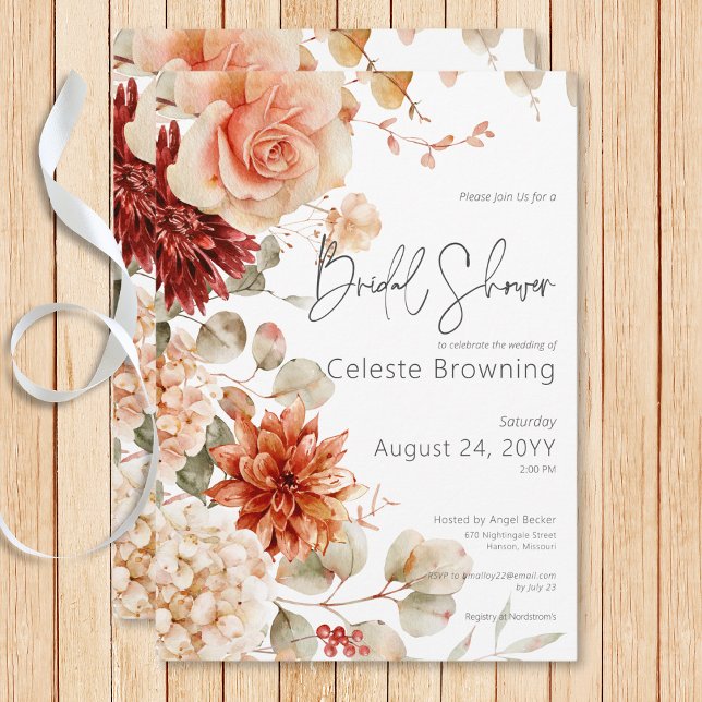 Invitation Rouille de chute épicée et Fête des mariées floral (Spicy Fall Rust & Blush Boho Floral Bridal Shower Invitation)
