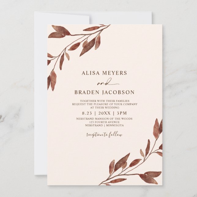Invitation Rouille mariage de automne Brown Feuilles d'automn (Devant)