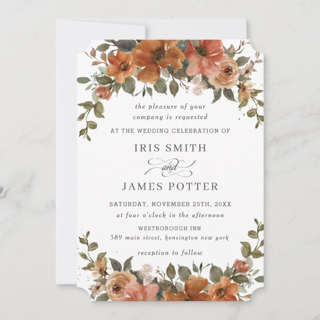 Invitation Rouille Rustique Orange Cuivre Floral Terre verte (Devant)