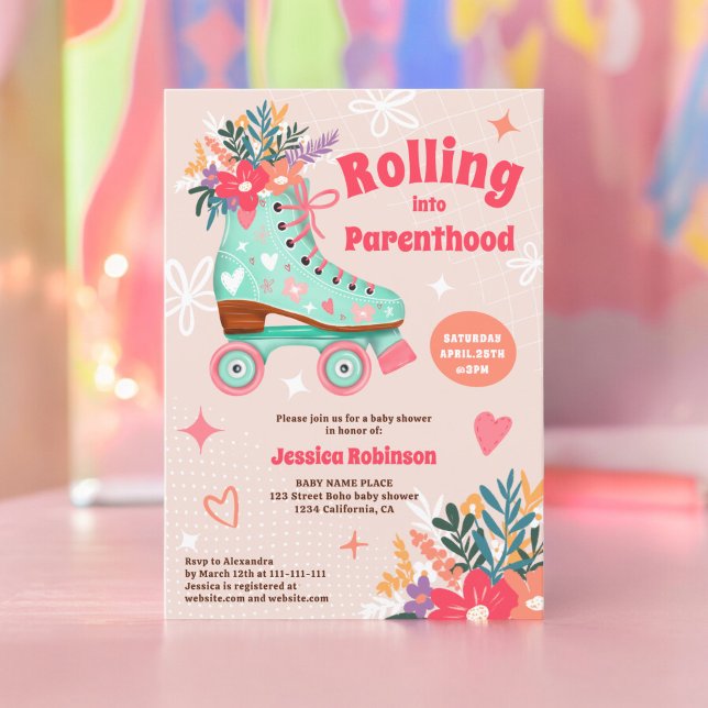 Invitation Roulage à rouleaux de teint floral rétro boho bébé (Retro floral teal roller skate boho baby shower invitation)
