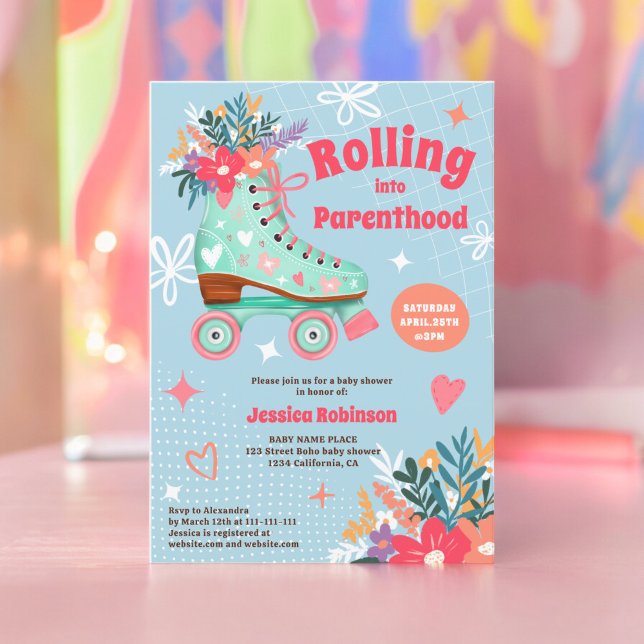 Invitation Roulage à rouleaux de teint floral rétro boho bébé (Retro floral teal roller skate boho baby shower invitation blue)