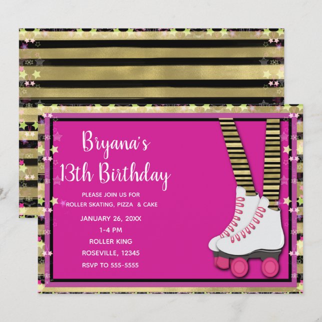 Invitation Rouleau noir et rose or Patinage fête d'anniversai (Devant / Derrière)