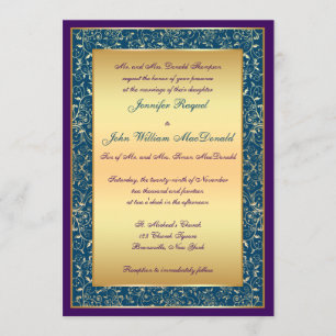 Invitation Rouleaux fleuris d'or turquoise pourpre épousant