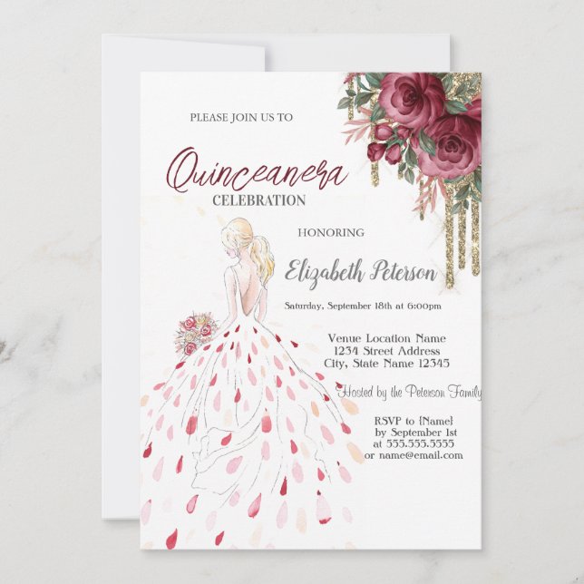 Invitation Roulettes d'or, Robe, Aquarelle Rose Quinceanera (Devant)
