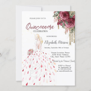 Invitation Roulettes d'or, Robe, Aquarelle Rose Quinceanera