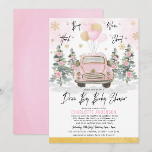 Invitation Route D'Hiver Par Baby shower Pink Gold Floral Car
