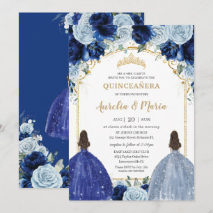 Invitation Royal Baby Blue Floral Girls Twins Quinceañera