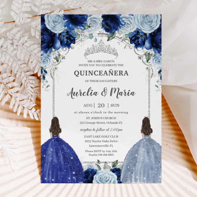 Invitation Royal Baby Blue Floral Twins Argent Quinceañera (Créateur téléchargé)