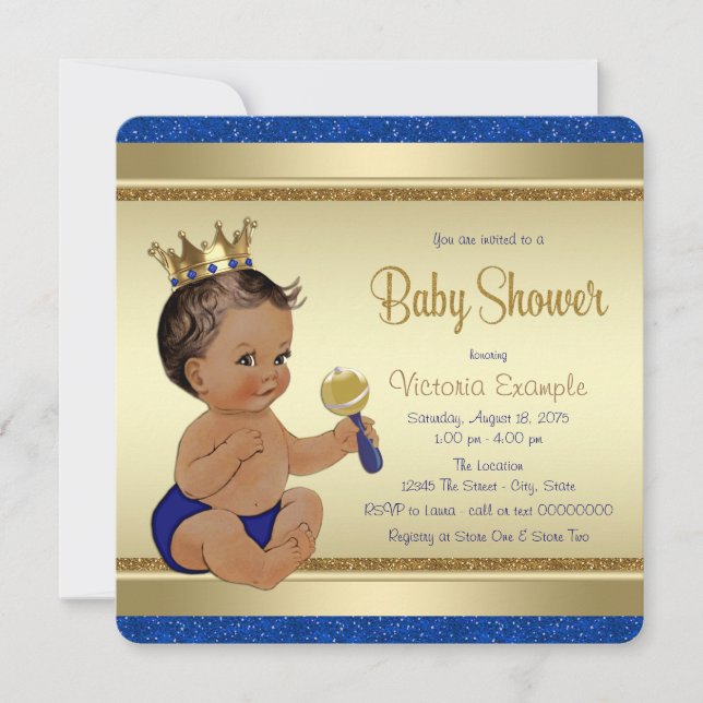 Invitation Royal Baby Boy Blue Gold Ethnic Prince Baby shower (Devant)