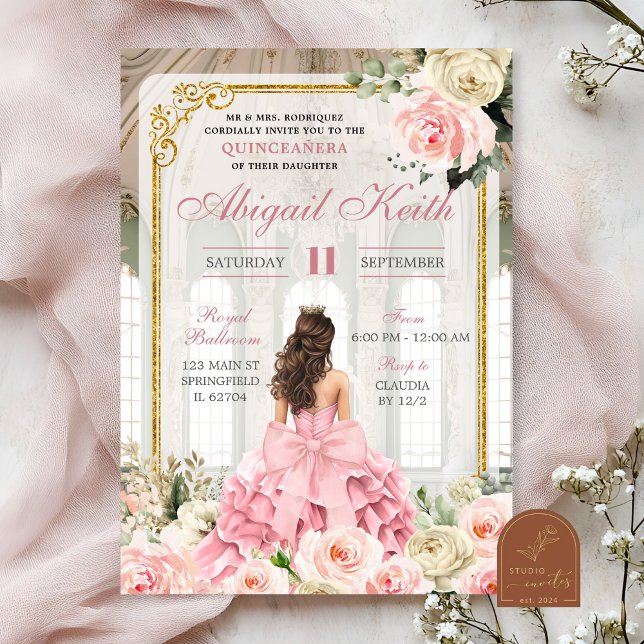 Invitation Royal Ballroom Rose Gold Bow Coquette Quinceanera (Créateur téléchargé)