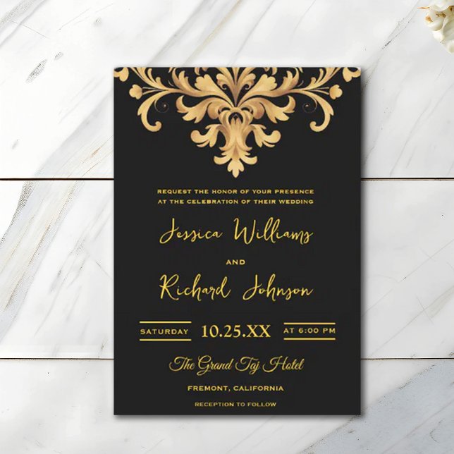 Invitation Royal Black Gold Damask Aquarelle Mariage (Créateur téléchargé)