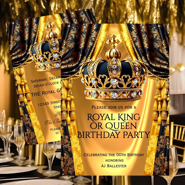 Invitation Royal Black Gold King Queen Crown Birthday Party (Créateur téléchargé)