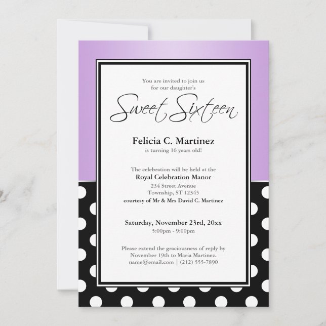 Invitation Royal Black Polka Dot Purple Sweet sixteen (Devant)