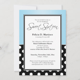 Invitation Royal Black Polka Sweet sixteen bleu