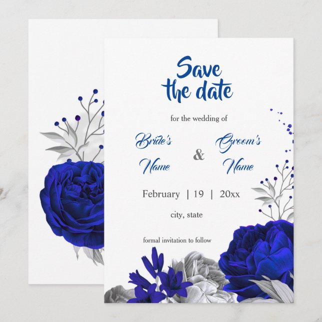 Invitation royal bleu argent fleurs botanique enregistrer la  (Devant / Derrière)