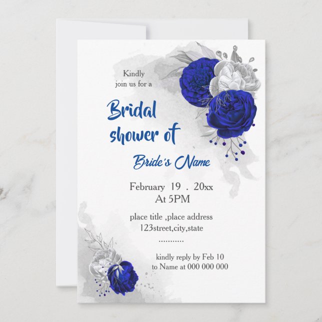 Invitation royal bleu argent fleurs nuptiale (Devant)