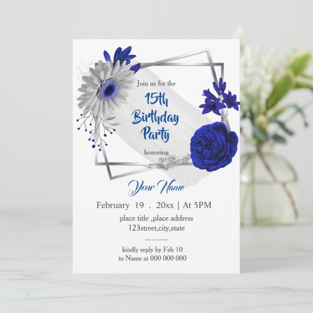 Invitation royal bleu argent floral géométrique anniversaire (Debout devant)