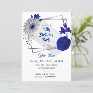 Invitation royal bleu argent floral géométrique anniversaire