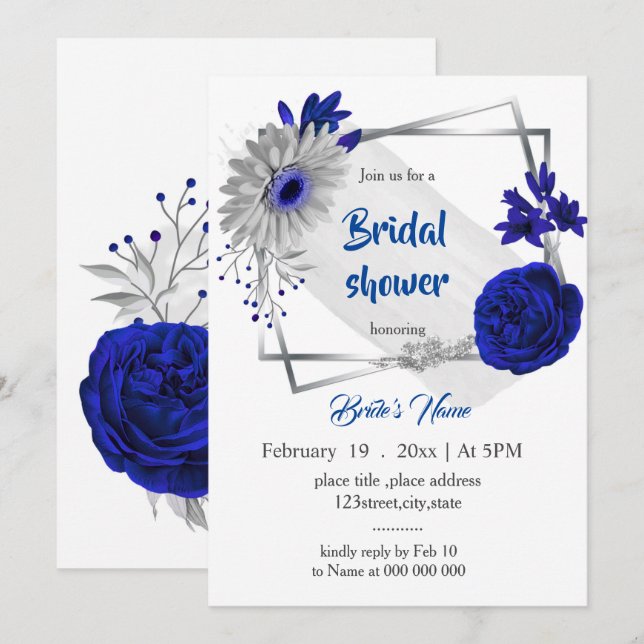 Invitation royal bleu argent floral géométrique douche nuptia (Devant / Derrière)