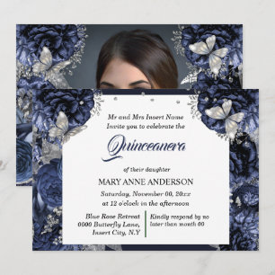 Invitation Royal bleu argent parties scintillant photo papill