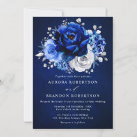 Royal Bleu Blanc Argent Mariage Floral Métallique 