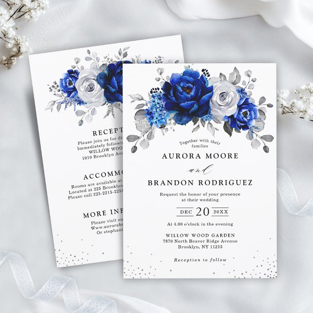 Invitation Royal Bleu Blanc Argent Tout en un Mariage Floral (Royal Blue White Silver Details on Back all in one  Wedding Invitation)