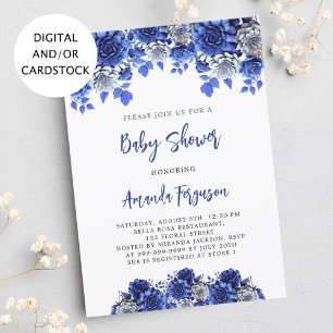 Invitation Royal bleu blanc fleurs garçon baby shower