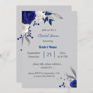 Invitation royal bleu blanc fleurs gris feuille nuptiale