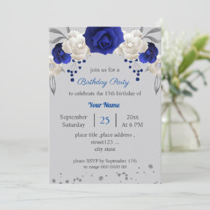 Invitation royal bleu blanc fleurs gris feuilles anniversaire
