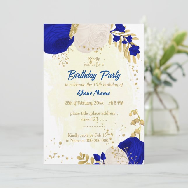 Invitation royal bleu & blanc fleurs or anniversaire099 (Debout devant)