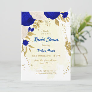 Invitation royal bleu & blanc fleurs or nuptiale douche