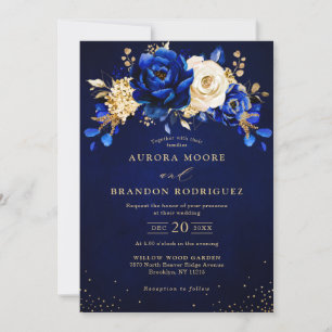 Invitation Royal Bleu Blanc Or métal Mariage floral Invi