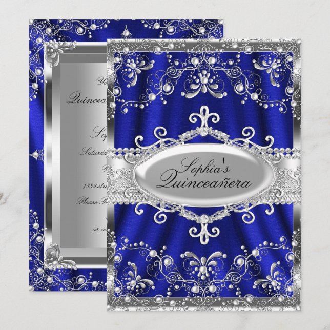 Invitation Royal Bleu Et Bijou Argent Damask Quinceanera (Devant / Derrière)