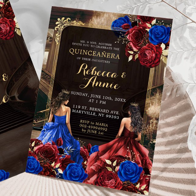 Invitation Royal Bleu et Bourgogne Rouge Floral Royal 15 Años (Créateur téléchargé)