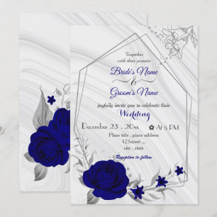 Invitation royal bleu fleurs argent géométrique mariage invit