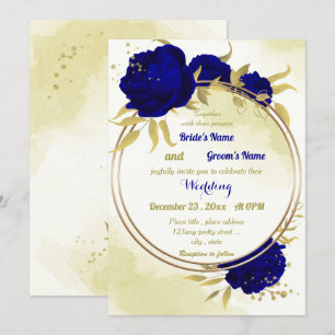 Invitation Royal bleu fleurs or feuille mariage