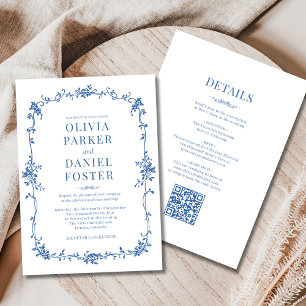 Invitation Royal Bleu Français tout en un Mariage victorien