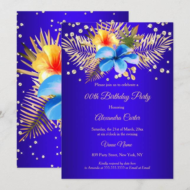 Invitation Royal bleu Jaune or floral fête d'anniversaire (Devant / Derrière)