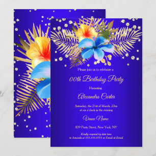 Invitation Royal bleu Jaune or floral fête d'anniversaire